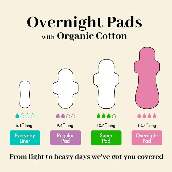 b.pure 100% Organic Cotton Herbal Overnight Feminine Pads with Wings | Chemical Free | Lavender & Aloe Infused | Heavy Flow | 24-Count