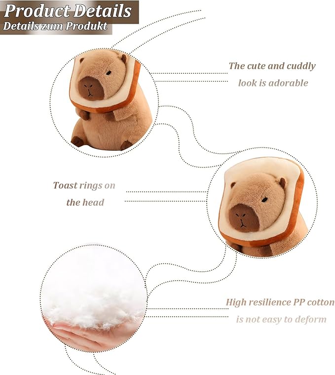 Soft Capybara Plush Doll Pillow Plush Toy, Bread Capybara Plush Pillow Toy with Wearable Toast Headgear, Capybara Stuffed Animals Bread Capibara Plushies Toys Gifts for Kids 11.8 inch