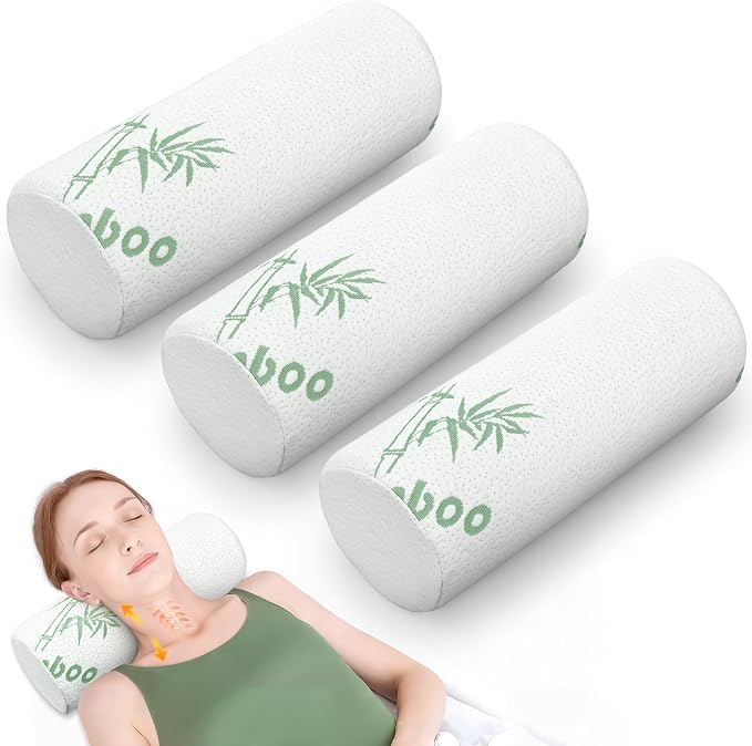 Bucherry 3 Pack Cervical Neck Roll Memory Foam Pillow Cylinder Bolster Pillow for Bed Round Neck Support with Removable Washable Cover for Sleeping Travel Yoga Legs Back Lumbar (15.75 x 5.91 Inches)