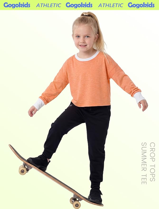 Gogokids Girls Shirts Long Sleeve Athletic Shirts Open Back Tops Active Sports Tshirts Yoga Workout Crop Tees 5-14 Years
