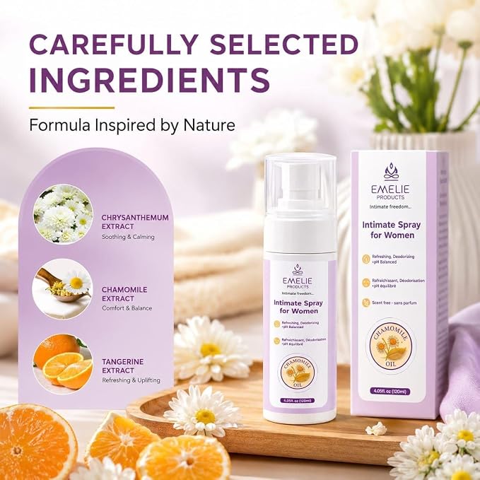 Intimate Spray for Women – Refreshing Feminine Spray with Chamomile, Chrysanthemum & Tangerine Extract – pH Balanced Daily Care for Sensitive Skin – 4.05 fl oz