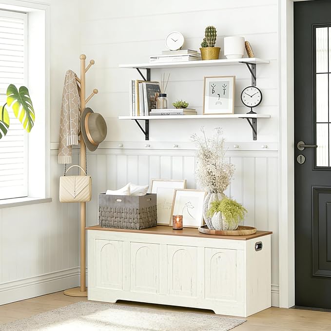 Storage Chest, Wooden Toy Box, Honey Brown & Rustic White 50.0" L | Extra Large Storage Bench, 2 Soft-close Hinges, Finger-safe Flip-Top Lid, Easy Assembly, Farmhouse Trunk, Living Room/Bedroom