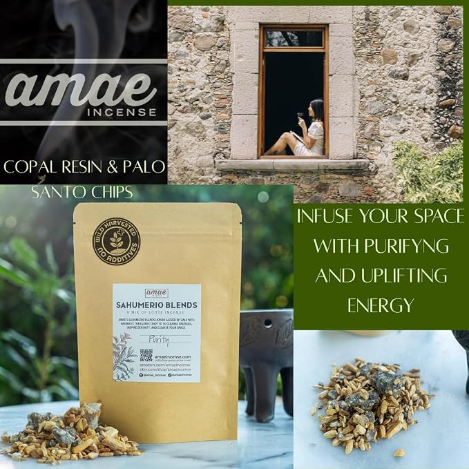 Natural Resin, Herbs & Essence Meditation Mix - Copal & Palo Santo Sacred Blend with Warm Woodsy Aroma - Loose Incense for Cleansing Rituals, Ceremonies & Home Fragrance - 1.19 oz.