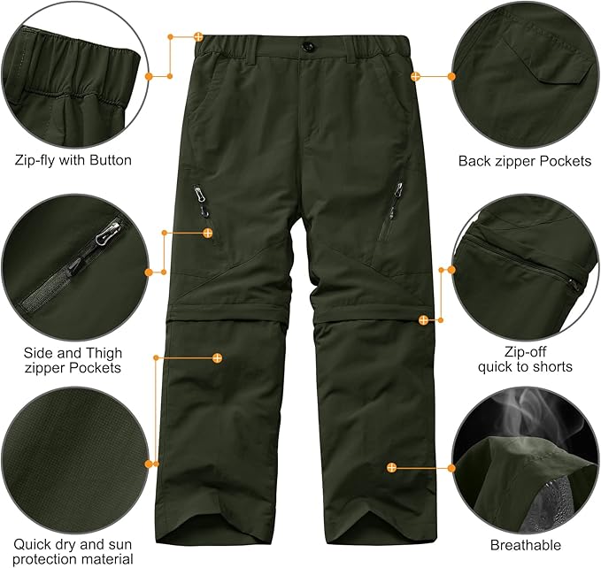 linlon Kids' Cargo Pants, Boy's Casual Outdoor Quick Dry Waterproof Hiking Climbing Convertible Trousers #9016