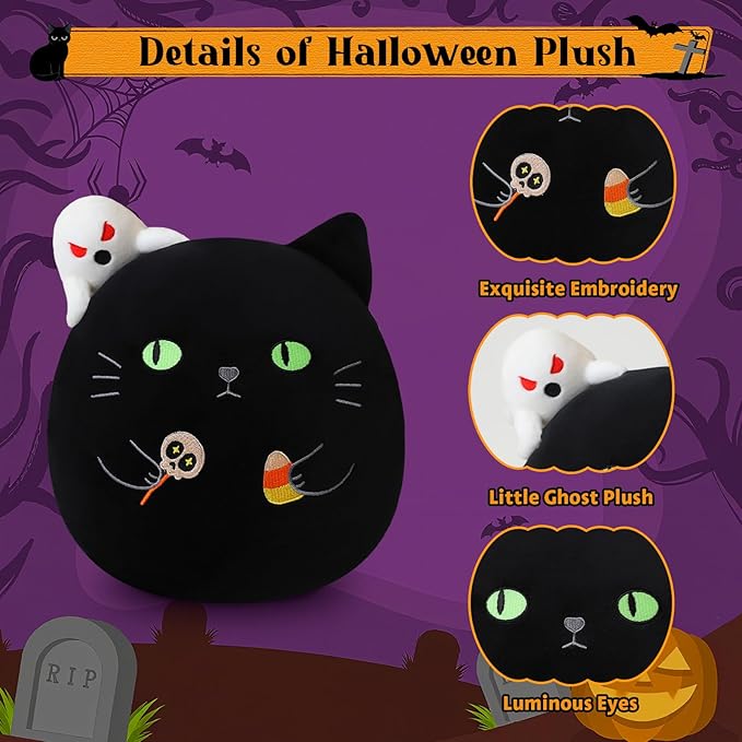 Halloween Candy Cat Stuffed Animal Toy, Black Cat Plush with Ghost and Candy for Home Decor, Halloween Party Gift for Kids（Candy Cat 10 Inch）