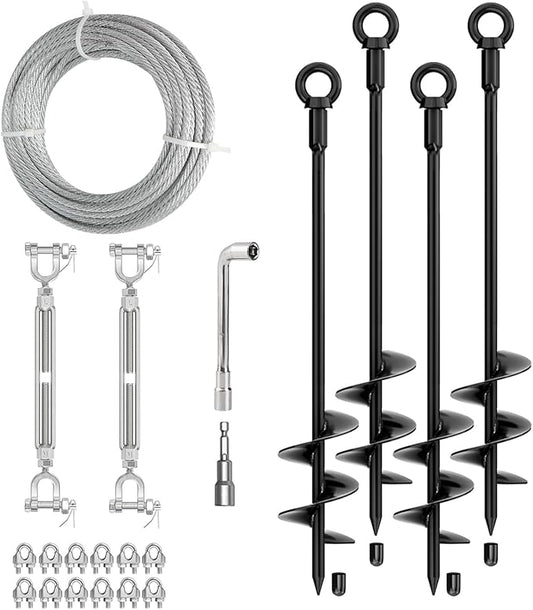 30" Ground Anchors Shed Anchors Kit with 3/16" 75FT Galvanized Cable & M6 304 Stainless Steel Turnbuckles, Heavy Duty Earth Anchors for Sheds Trees Trampoline Greenhouse Swing Set Tent, 4Pack Black