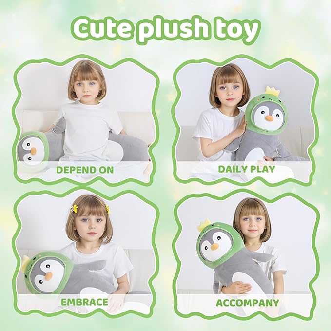 36 inch Long Penguin Plush Pillow Toy Soft Stuffed Animal with Cute Dinosaur, Cuddle Sleeping Body Pillow Penguin Plushies Gifts for Kids Boys Girls, Birthday