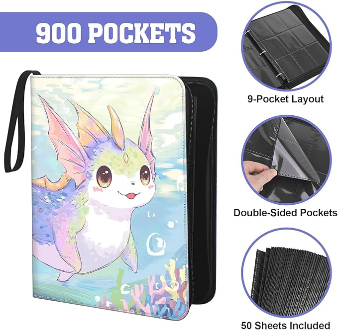 Trading Card Binder TCG, 900 Pockets, 50 9-Pocket Sheets, 3-Ring Refillable Album Fits Standard 2.5"×3.5" Cards, Zippered PU Cover, Acid-Free Top-Loading Pages, Wrist Strap - Axolotl Design