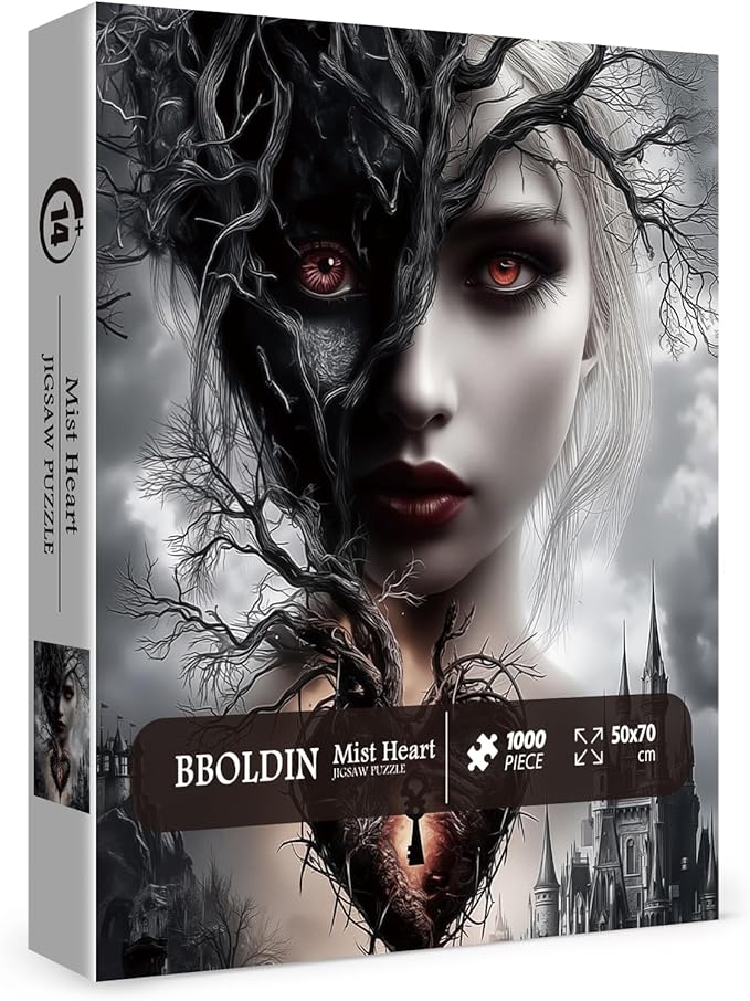 Magic Women Heart Puzzles for Adults 1000 Pieces, Fantasy Puzzle Tree of Life Key Demon Angel Jigsaw Puzzles, Black White Castle Impossible Hard Difficult Challenging Puzzle