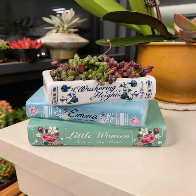 Book-Shaped Decorative Planter Pot - Unique Plant Vase & Bookshelf Desktop Office Decor for Book Lovers|Ceramic Planter with Drainage| Gift for Plant Lovers, Home Decor Enthusiasts