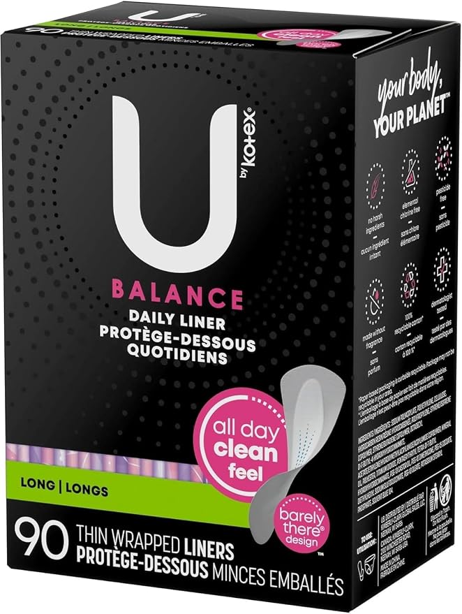 U by Kotex Balance Daily Wrapped Panty Liners, Light Absorbency, Long, 90 Count (Packaging May Vary)