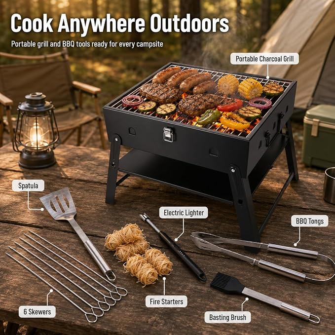 Portable BBQ Charcoal Camping Grill: Tabletop Folding Barbecue Grills | with Fire Starter Kit and BBQ Grilling Tool Set, Fathers Day Birthday Grilling Gift for Men Dad Husband