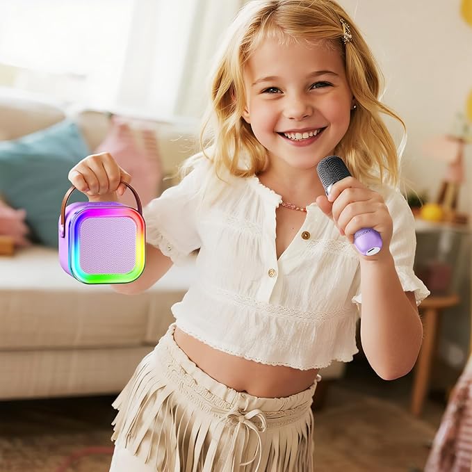 Kinglucky Mini Karaoke Machine for Kids, Top Birthday Gift Pick for Girls Ages 3, 4, 5, 6, 7, 8, 9, 10, 11, 12 Years Old, Kids' Personal Video Players Accessories with 2 Mics & 5 Voice Effects, Purple