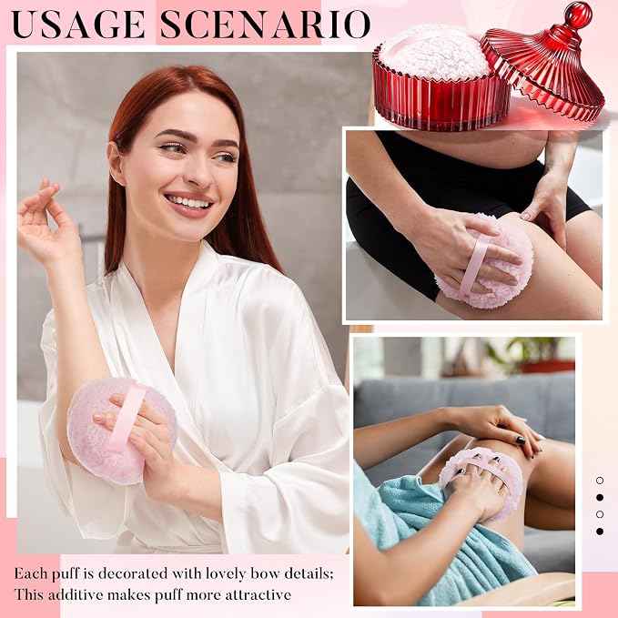 Tioncy 2 Pcs Extra Large Dusting Powder Puff and Container for Women-6'' Glass Crystal Dusting Powder Container with Body Soft Washable Reusable Velour Face(Red,Classic)