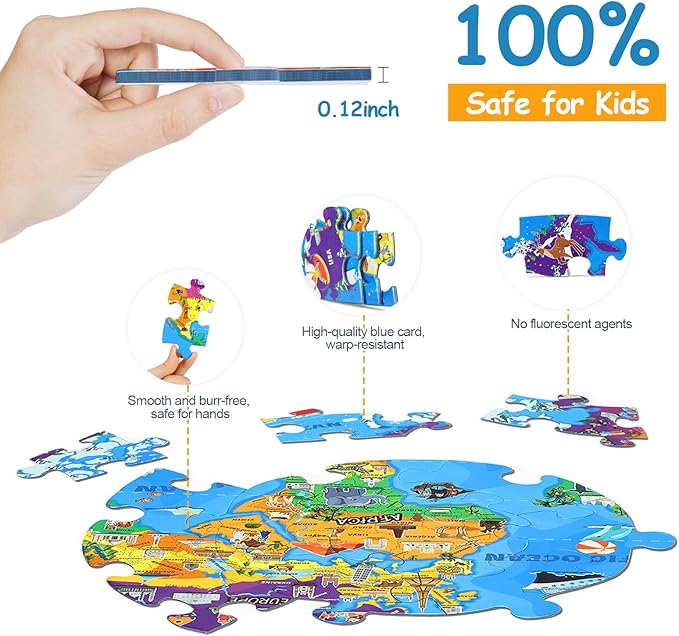 Glow in The Dark World Map Puzzles for Kids 4-6, 70 Pieces Large Globe Floor Puzzles for Kids Ages 6-8 Continents Geography Puzzle Educational Learning Toys for Children