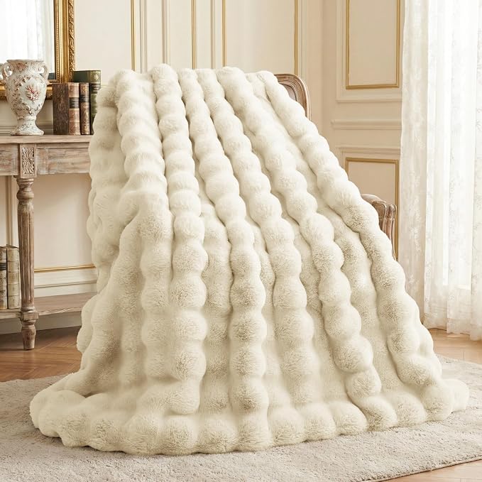 L'AGRATY Faux Rabbit Fur Throw Blanket for Couch, 50'' x 60'' Almond White | Soft Cozy Bubble Fluffy Blanket for Sofa Bed, Thick Warm Plush Fuzzy Throw for Room Home Decor, Luxury Gift for Women Mom