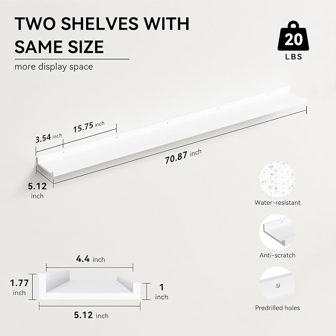 Boswillon Floating Shelves Set of 2, Long Wall Shelf with Lip, 72in, White | Display Ledge Shelf for Room Wall, Wall Decor Shelves for Bathroom, Living Room, Bedroom, Kitchen, Nursery Room, Modern, Wood