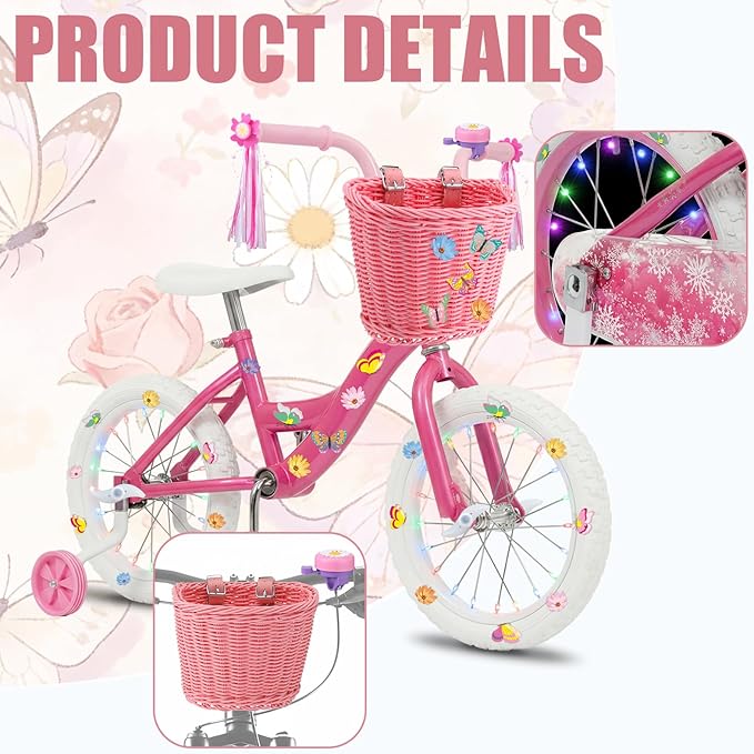 Timtin 27 Pcs Kids Bike Accessories for Girls Pink Bike Basket Flower Bell Bicycle Handlebar Streamers Tassel Butterfly Decoration Wheel Spoke Accessories for Girl Birthday Gift
