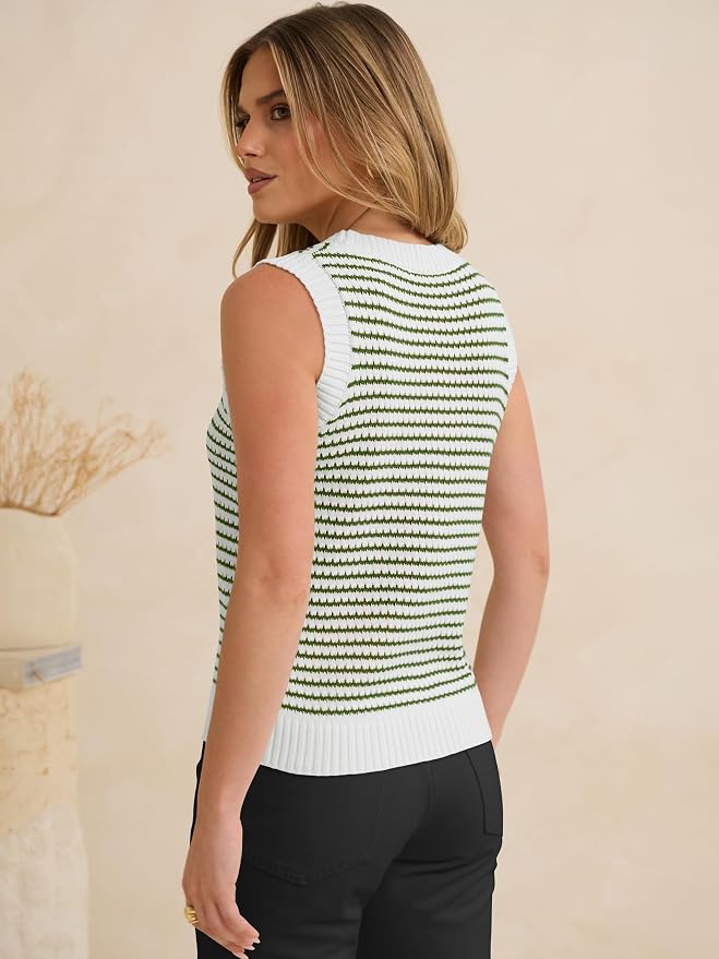 ANRABESS Womens Sleeveless Sweater Vest Striped Tank Tops | Crochet Knit Crew Neck, Lightweight Soft Comfy, Vacation Travel Work Casual Outfits, Sping Summer Layering Clothes