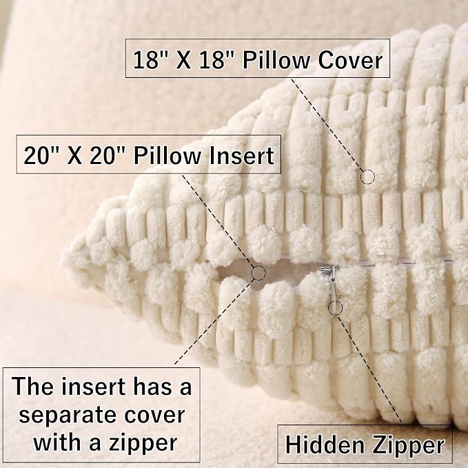 2 Pack Corduroy Decorative Throw Pillow with Inserts, 18x18 Inch Soft Boho Throw Pillow, Square Striped Throw Pillows for Couch, Bed, Sofa Decor(Beige)
