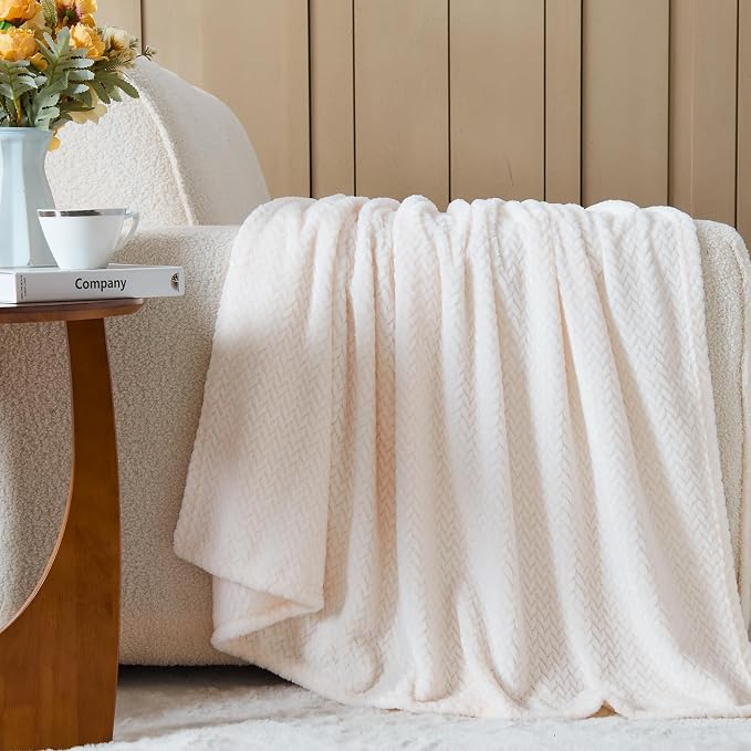 NEWCOSPLAY Fleece Leaves Pattern Queen Blanket, Ivory, 90"x90" | Super Soft Throw Blanket, Lightweight Cozy Bed Sofa Blanket, Premium Silky Flannel Fleece, Travel Blanket for All Season Use