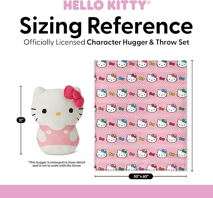 Northwest Hello Kitty Bowtastic Hugger Pillow & Silk Touch Throw Blanket Set, Stuffed Animal, 50x60 inches and 11 inch Plushie