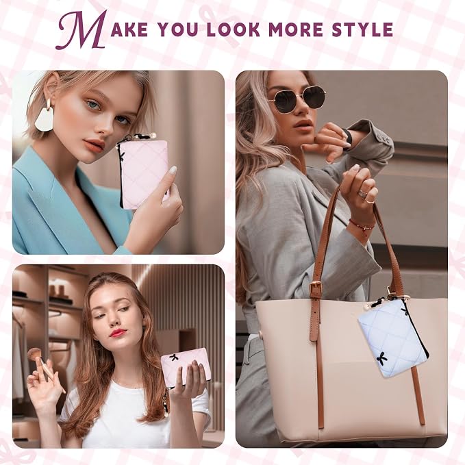 Mini Makeup Bag, Small Bow Tie Cosmetic Bag for Purse with Keychain, Portable XS Travel Makeup Pouch for Daily Use (Pink-Black Bow Tie)