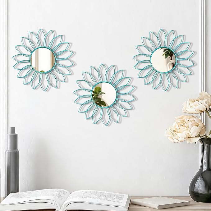 3 Pack Metal Mirrors for Wall Sunburst Wall Mirrors Home Décor Decorative Hanging Wall Art for Living Room Bedroom Entryway (Greenish Blue, Flowers)