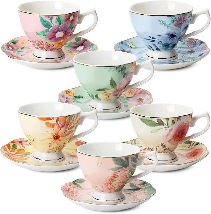 BTaT- Floral Tea Cups and Saucers, 6 Pack, 8 oz | Fine Porcelain Teacup Set Gold Trim Afternoon Tea Weddings Parties Gifting Dishwasher Safe Lightweight Non Toxic