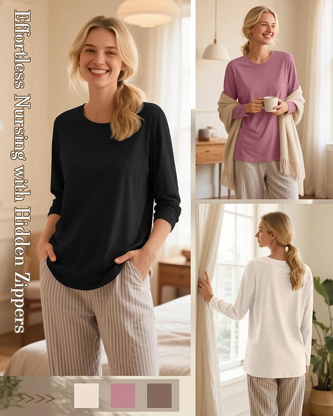 3 Pack Nursing Tops for Breastfeeding Maternity Shirts Zipper Long Sleeve Round Neck Knit Casual Nursing Clothes