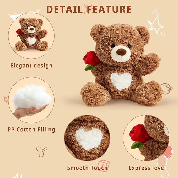 Rose Teddy Bear Stuffed Animals Soft Plush Toy Teddy Bear with Rose Gift for Mother Girlfriend Birthday Wedding 10", Brown
