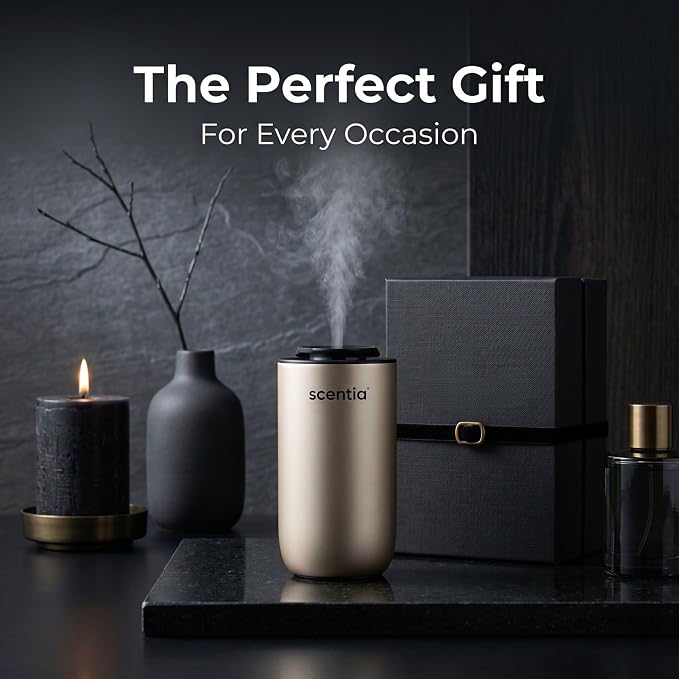 Scentia MiniPod Gold Waterless Diffuser for Essential Oil, Smart Car Air & Home Freshener with 3 Mist Levels & LED Light, Auto On/Off Rechargeable, Portable Scent Air Machine