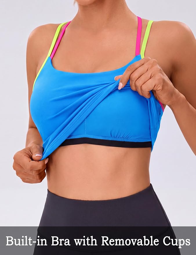 BMJL Workout Tank Tops Women Color Block Built in Bra Tops Cross Back Gym Yoga Running Shirts