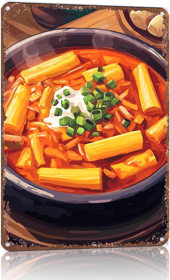 Spicy Tteokbokki Korean Rice Cake Pattern Retro Aluminum Metal Sign 12x8Inch Decorative Wall Art for Home Kitchen Restaurant Cafe Bar