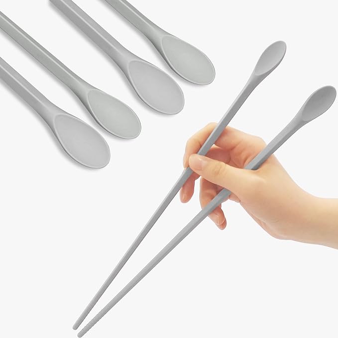 Reusable Long Silicone Cooking Chopsticks with Spoon 12 Inches 2 Pairs Set, Dishwasher Safe, BPA-free Non-Slip, Non-Scratch, Korean Japanese Kitchen Utensils (Pastel Grey 2 Set)