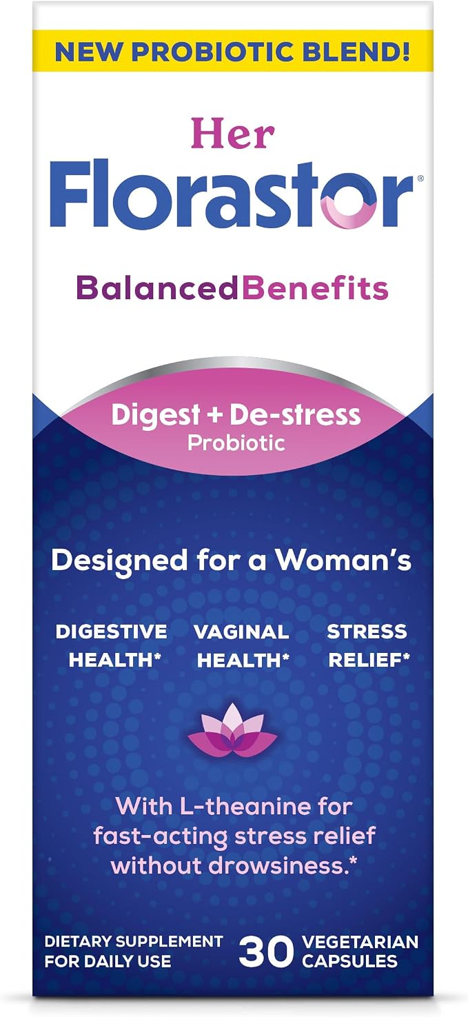 Florastor Probiotics for Women, Digest and De-Stress, 30 Capsules | Digestive Health and Vaginal Probiotic with L-Theanine for Mind and Body Wellness