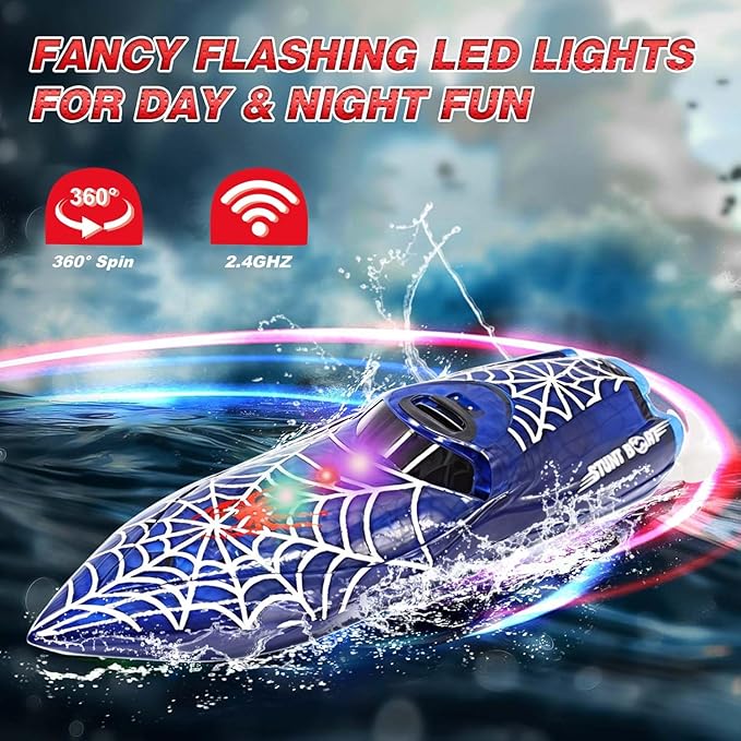 Mini Remote Control Boat RC Boat 2.4Ghz 360 Rotating LED Lights bulit-in Rechargeable Battery Swimming Pool BathtubToys Remote Control Boats for Kids 8-12 Years Birthday Gift Spider