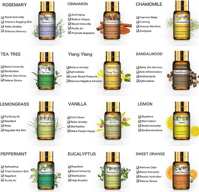 PHATOIL Essential Oil Set, 12x5ml Essential Oils Gift Set with Diffused Wood, 100% Natural Pure Essential Oils for Diffusers DIY Candle Soap Making