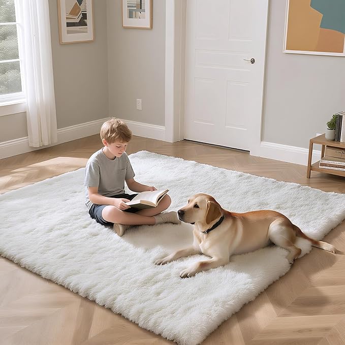 yongyangjuxin Fluffy Rug Shag Area Rug, White 8x10 Area Rugs for Living Room, Large Shag Area Rugs for Bedroom Room Home Decor, Upgrade Anti-Skid Rectangular Fuzzy Rugs