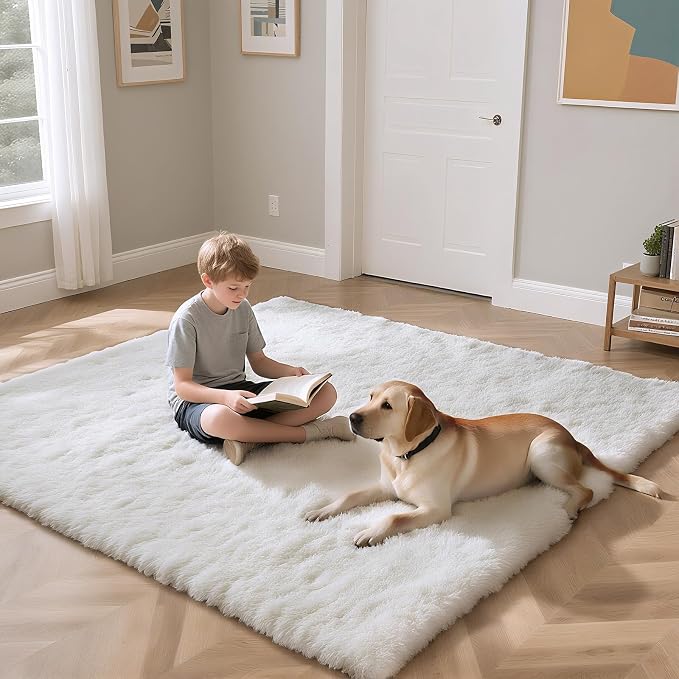 yongyangjuxin Fluffy Rug Shag Area Rug, White 6x9 Area Rugs for Living Room, Large Shag Area Rugs for Bedroom Room Home Decor, Upgrade Anti-Skid Rectangular Fuzzy Rugs
