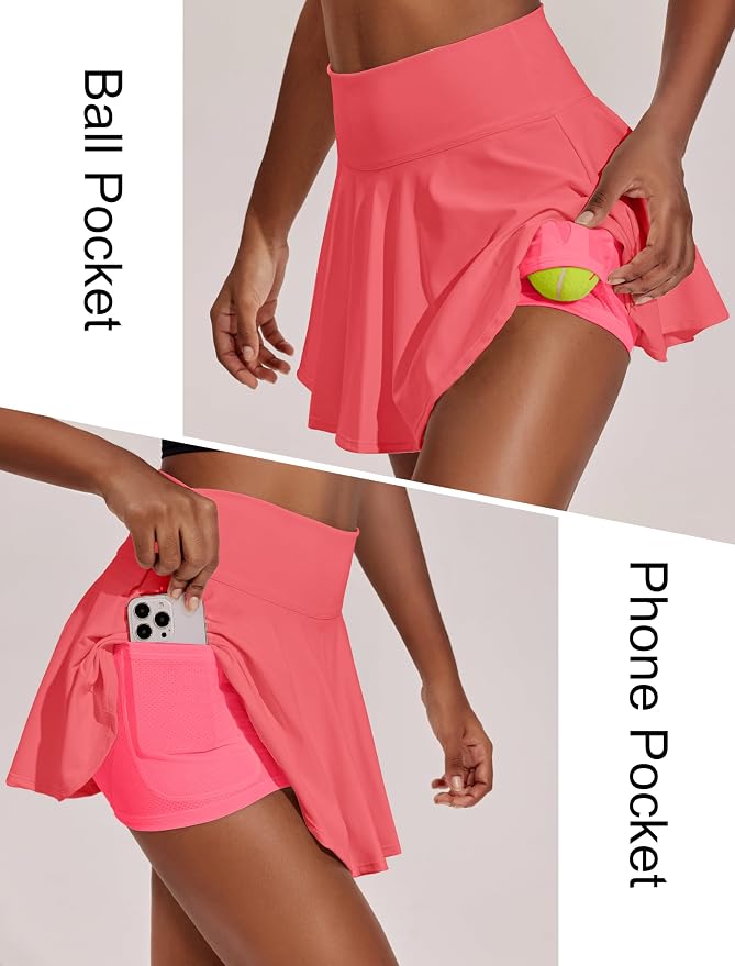 PINSPARK Womens Tennis Skirt 14" Pleated Athletic Golf Skorts with Pockets | High Waist, Tummy Control, Mini, Breathable, Lightweight, Soft, Built in Shorts, Pickleball, Casual
