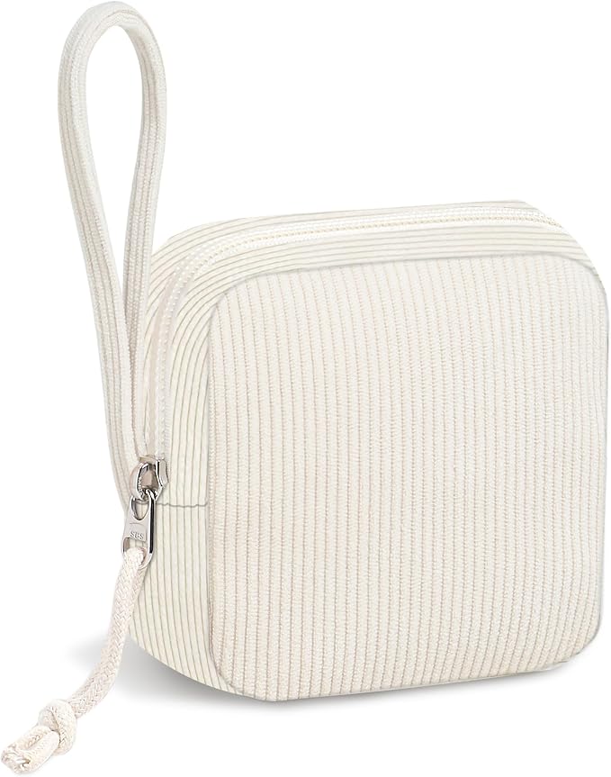 Corduroy Period Pouch for Women, Cute Sanitary Pad Pouch with Zipper, Portable Tampon Holder for Purse, Sanitary Napkin Storage Bag for Travel (Beige)