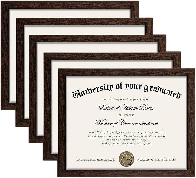 upsimples Certificate Frame, 8.5 by 11 Glass Diploma Frames, 5 Pack, Brown | Displays 8.5x11 Document and Degree, Graduation Gift for Wall or Tabletop Decor, High-definition Glass