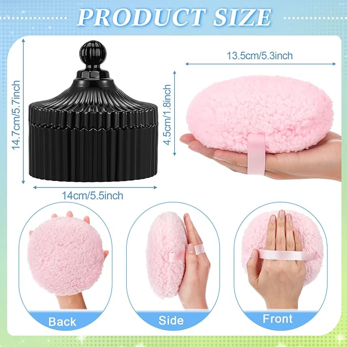 Extra Large Body Powder Puff and Container, 5.5'' Crystal Container with 5.3'' Oversize Dust Powder Puff Washable Reusable Face Body Glitter Wet Dry Makeup Gift(Black)