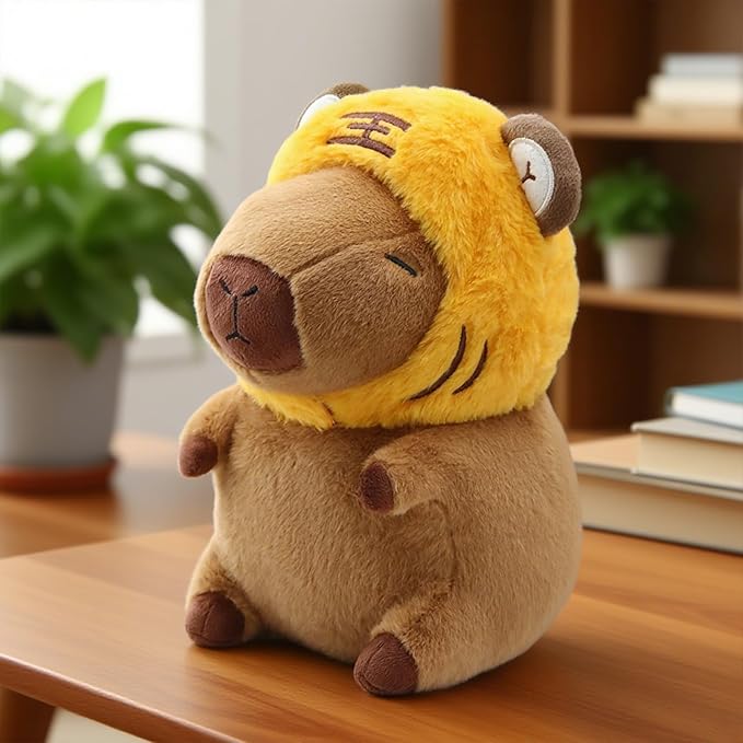 Cute Capybara Plush Wear Tiger Hat, Kawaii Soft Capybara Plushie Pillow, 14 inch Capybara Stuffed Animal Hugging Gifts for Kids Adults (Tiger Capybara)