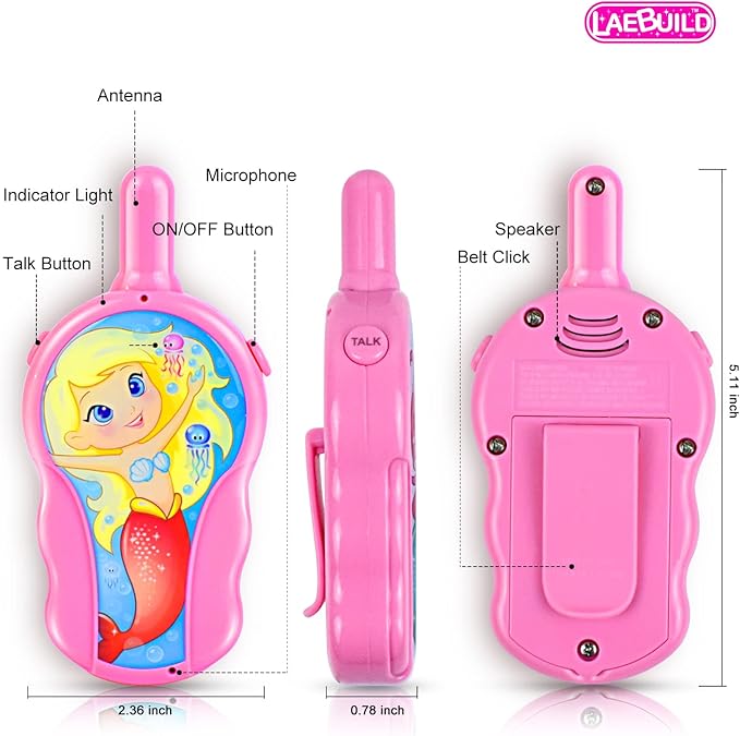 Walkie Talkies for Kids, Toys for 3 4 5 6 7 Year Old Girls Boys, Long Range Walkie Talkies for Toddlers, Mini Pink Cute Mermaid Christmas Birthday Easter Gifts Indoor Outside Games (2 Pack)