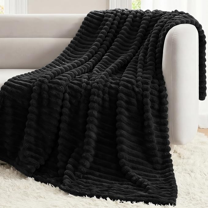 Black Throw Blanket for Couch & Bed, 50 x 60 Inch | 300GSM Ribbed Fleece Blanket, Soft, Cozy & Lightweight, OEKO-TEX Certified, All-Season Use for Travel, Dorm & Home Decor