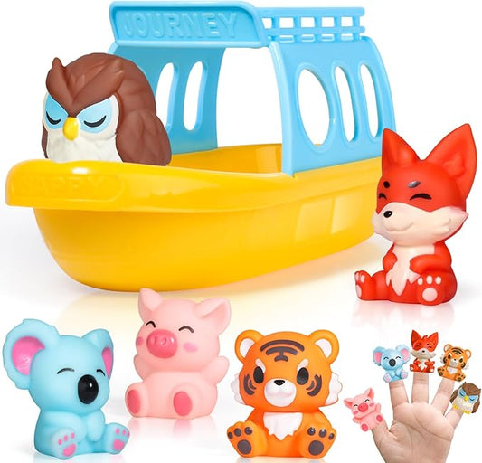 Oriate Bath Toys for Kid, 1 Boat and 5 Silicone Animal Finger Puppets, Sensory Learning Toy Set in The Bathtub, Pool, Beach, Gifts for Kids Boys Girls 3 4 5 6 Year Old