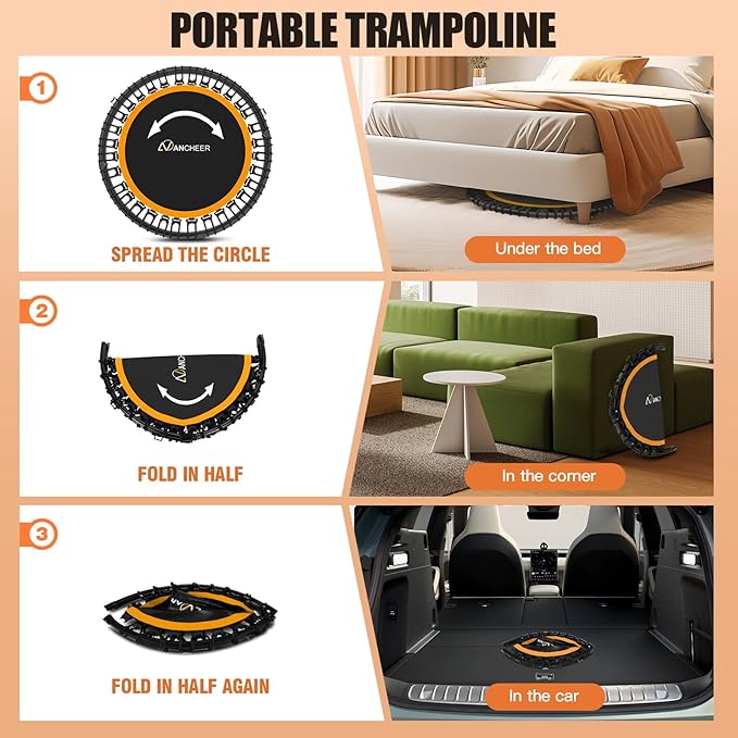 ANCHEER 40" Foldable Rebounder Trampoline for Adults/Kids with Resistance Bands and Bungees, Indoor & Outdoor Mini Trampoline with Bar and Safety Padding - Max Load 330lbs (Orange)