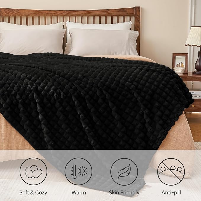 BEDELITE 3D Checked Black Fleece Twin Throw Blanket for Bed, 60x80 Inch | Soft Warm Fuzzy Fluffy Blanket for Couch Sofa, Lightweight Plush Cozy Throws for Home Room Decor, Gift for Women, All Season
